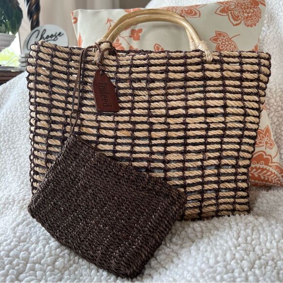 Indeed Straw Rope Bamboo Brown Mushroom Tan Beach Bag Purse Extra Mini Bag - Picture 4 of 14